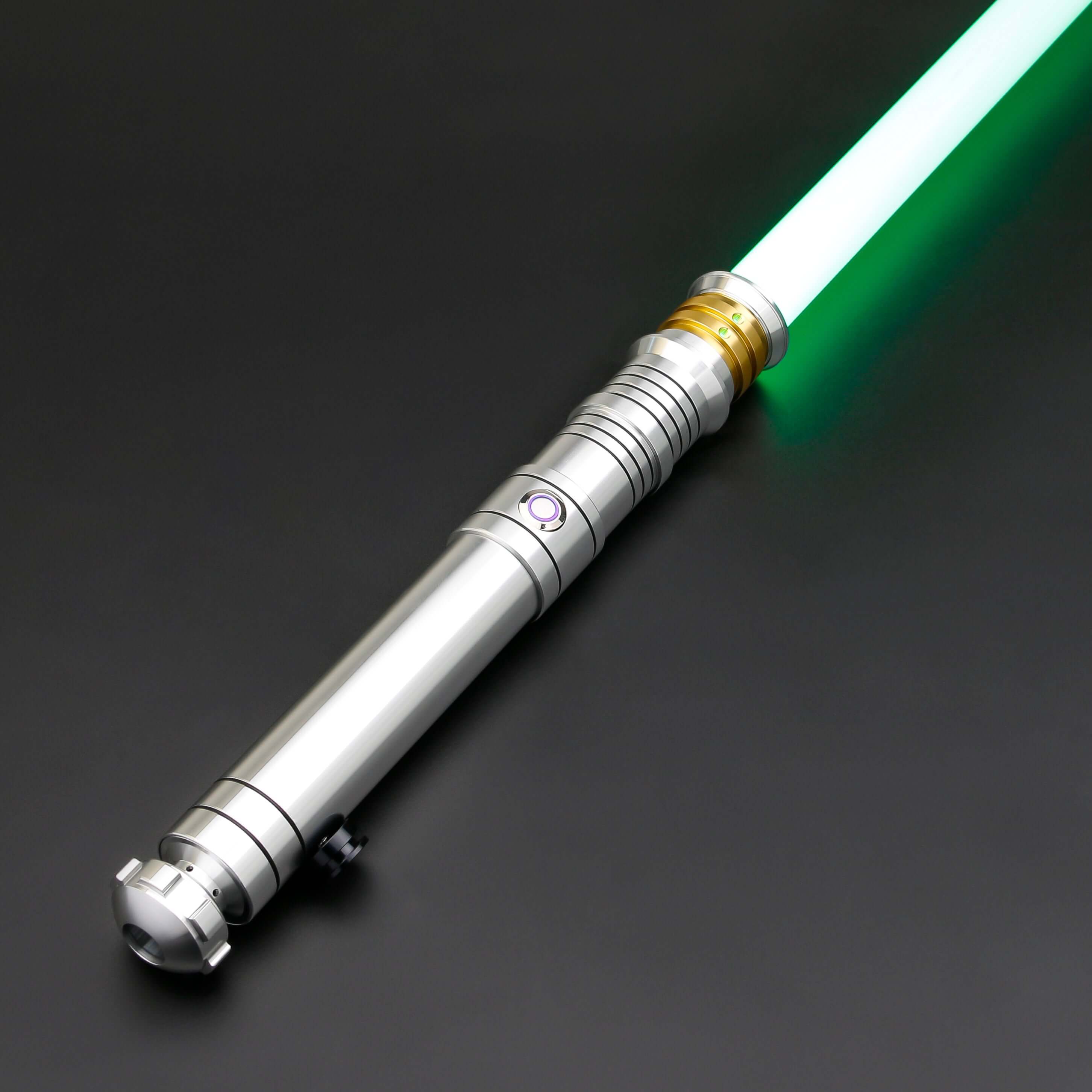 Huracan Double Bladed Saber featuring a compact design, belt clip for easy carrying, complimentary hilt connector, available in black and silver colors, with blade lengths of 82cm and 92cm, and various electronics options including RGB S16, RGB S27, SN Ne
