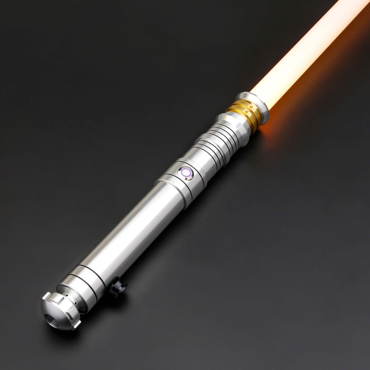 Huracan Double Bladed Saber featuring a compact design, belt clip for easy carrying, complimentary hilt connector, available in black and silver colors, with blade lengths of 82cm and 92cm, and various electronics options including RGB S16, RGB S27, SN Ne