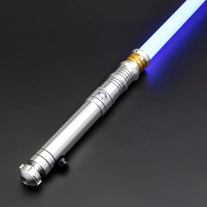 Huracan Double Bladed Saber featuring a compact design, belt clip for easy carrying, complimentary hilt connector, available in black and silver colors, with blade lengths of 82cm and 92cm, and various electronics options including RGB S16, RGB S27, SN Ne