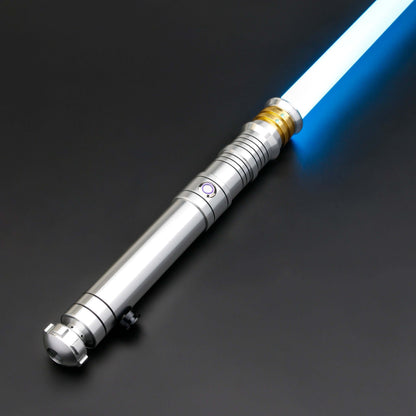 Huracan Double Bladed Saber featuring a compact design, belt clip for easy carrying, complimentary hilt connector, available in black and silver colors, with blade lengths of 82cm and 92cm, and various electronics options including RGB S16, RGB S27, SN Ne