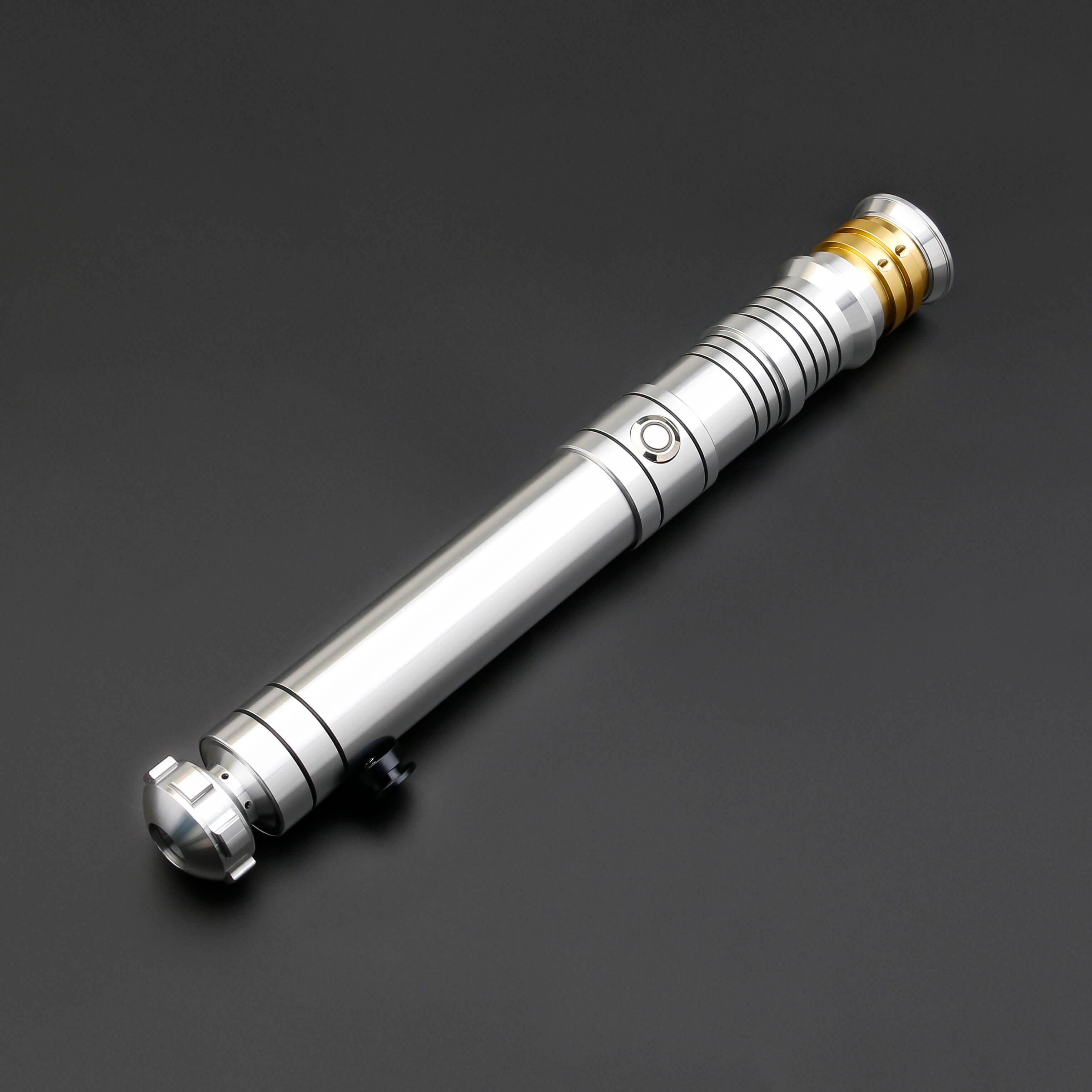 Huracan Double Bladed Saber featuring a compact design, belt clip for easy carrying, complimentary hilt connector, available in black and silver colors, with blade lengths of 82cm and 92cm, and various electronics options including RGB S16, RGB S27, SN Ne