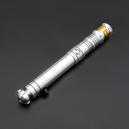 Huracan Double Bladed Saber featuring a compact design, belt clip for easy carrying, complimentary hilt connector, available in black and silver colors, with blade lengths of 82cm and 92cm, and various electronics options including RGB S16, RGB S27, SN Ne