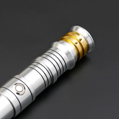 Huracan Double Bladed Saber featuring a compact design, belt clip for easy carrying, complimentary hilt connector, available in black and silver colors, with blade lengths of 82cm and 92cm, and various electronics options including RGB S16, RGB S27, SN Ne