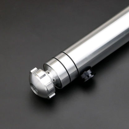 Huracan Double Bladed Saber featuring a compact design, belt clip for easy carrying, complimentary hilt connector, available in black and silver colors, with blade lengths of 82cm and 92cm, and various electronics options including RGB S16, RGB S27, SN Ne