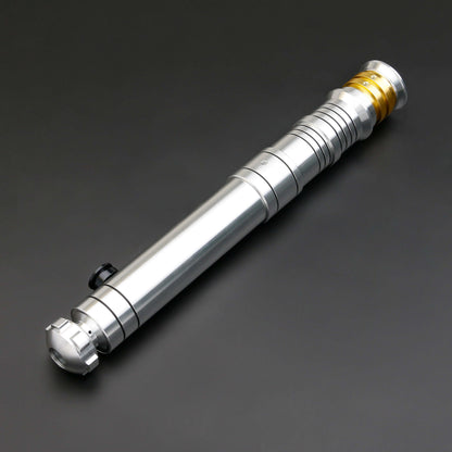 Huracan Double Bladed Saber featuring a compact design, belt clip for easy carrying, complimentary hilt connector, available in black and silver colors, with blade lengths of 82cm and 92cm, and various electronics options including RGB S16, RGB S27, SN Ne