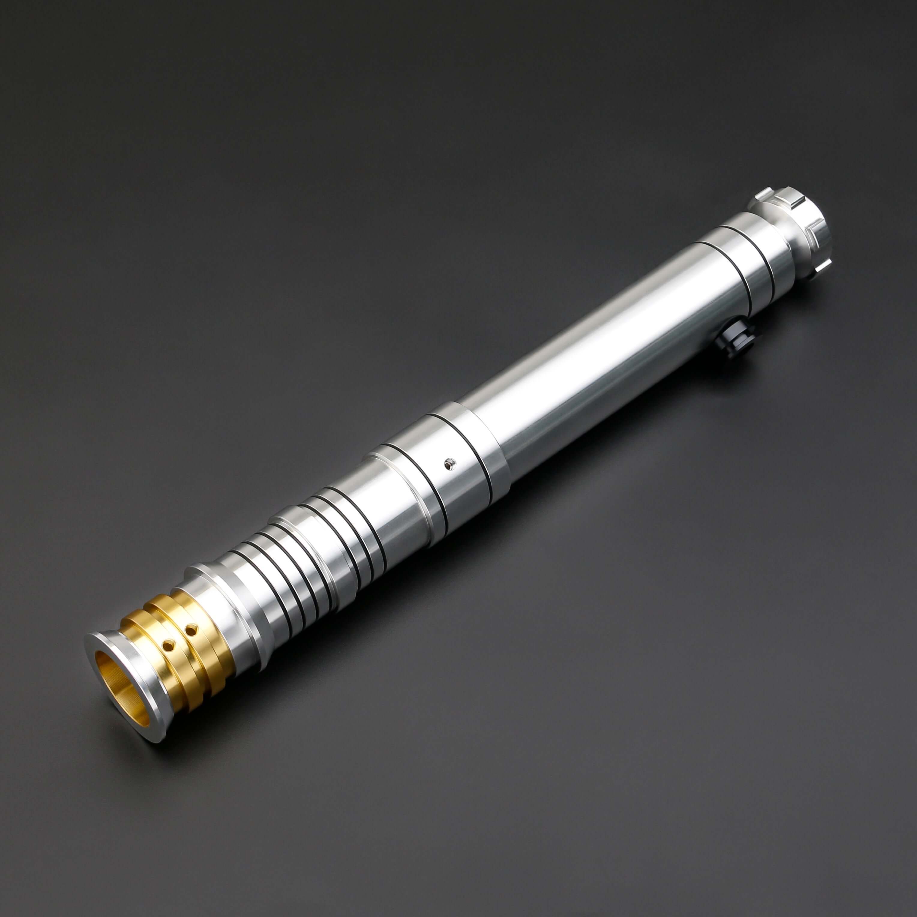 Huracan Double Bladed Saber featuring a compact design, belt clip for easy carrying, complimentary hilt connector, available in black and silver colors, with blade lengths of 82cm and 92cm, and various electronics options including RGB S16, RGB S27, SN Ne