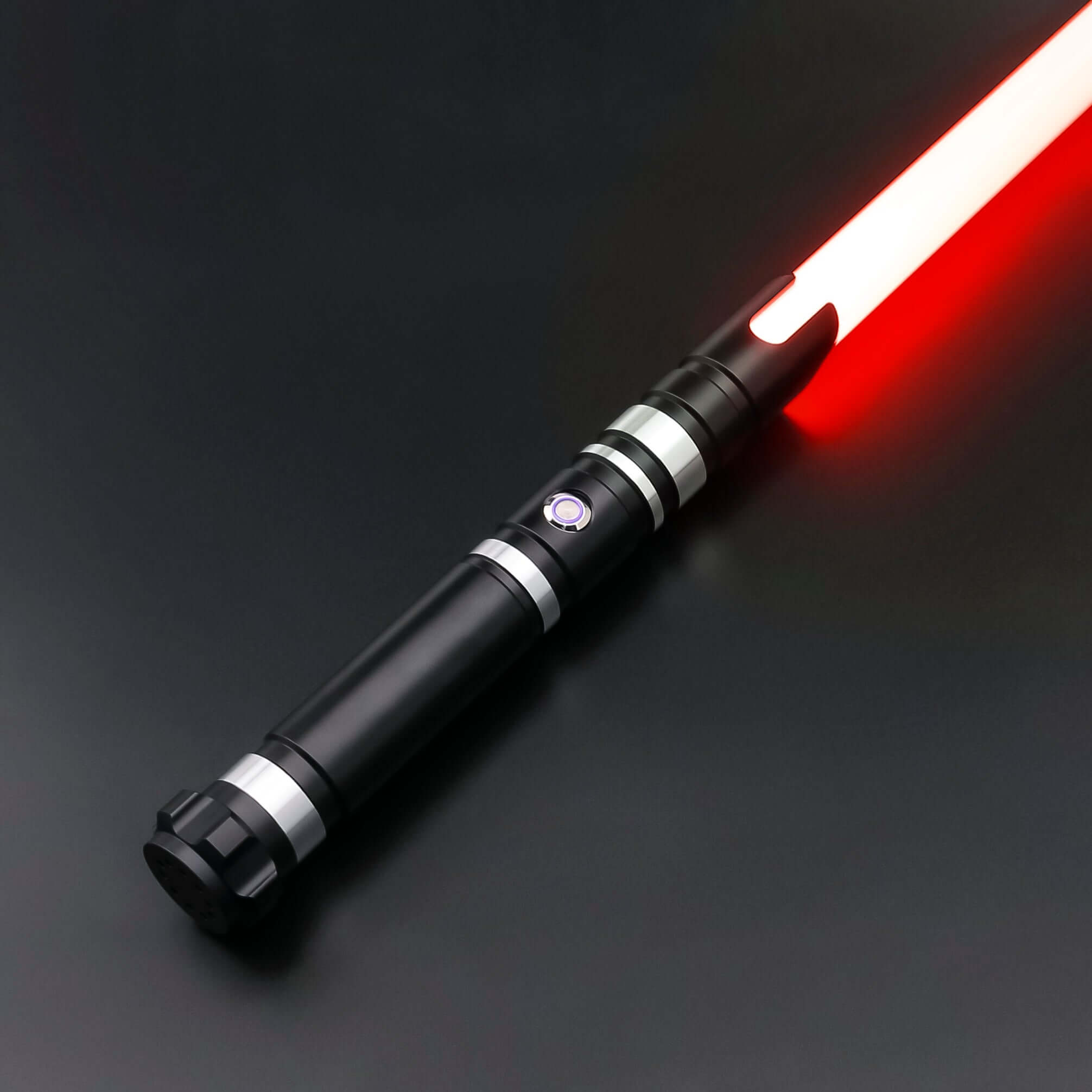 Hunter Dual Sabers featuring lightweight aluminum hilts with circular grip patterns and extended emitter necks, designed for enhanced maneuverability and ideal for cosplay and display.