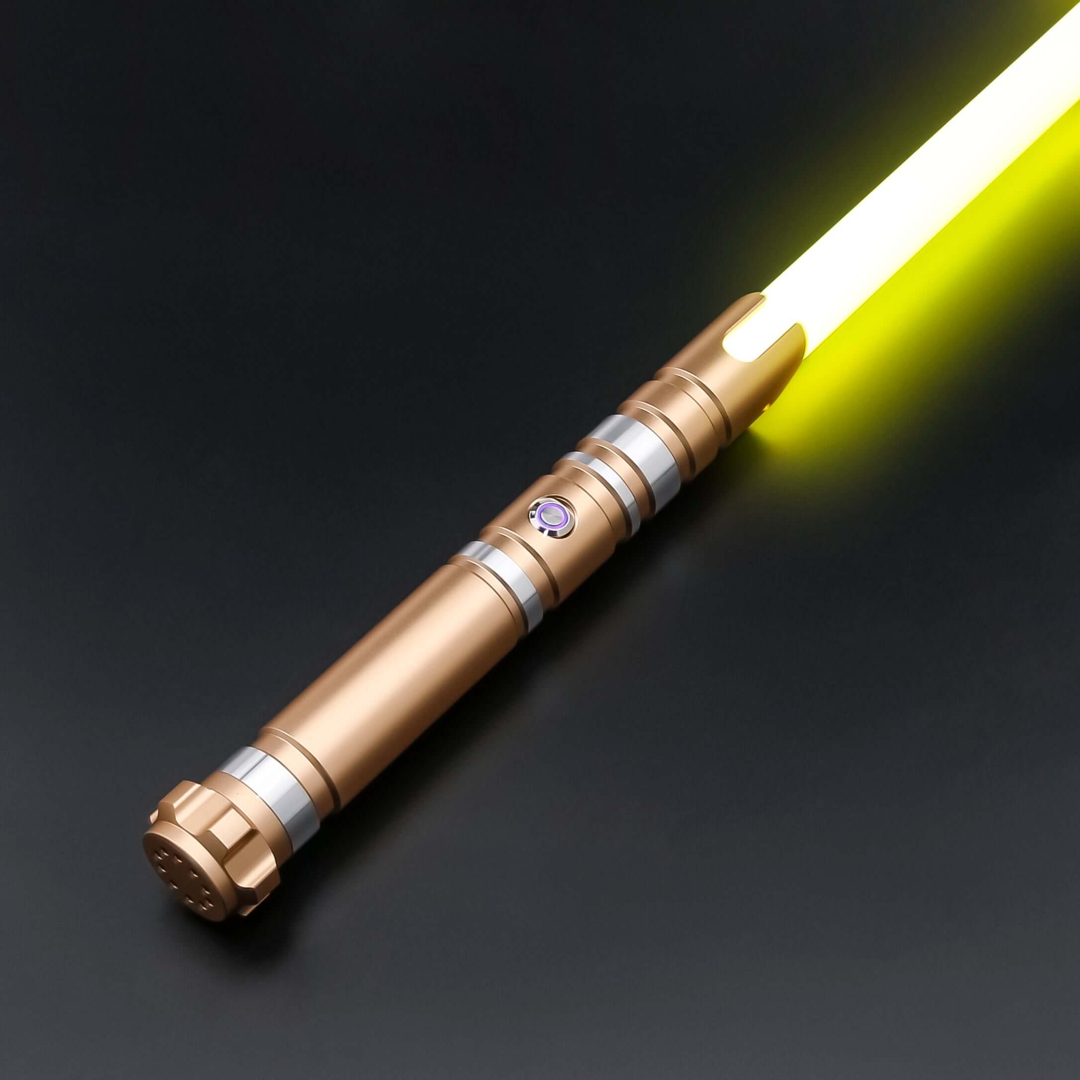 Hunter Dual Sabers featuring lightweight aluminum hilts with circular grip patterns and extended emitter necks, designed for enhanced maneuverability and ideal for cosplay and display.