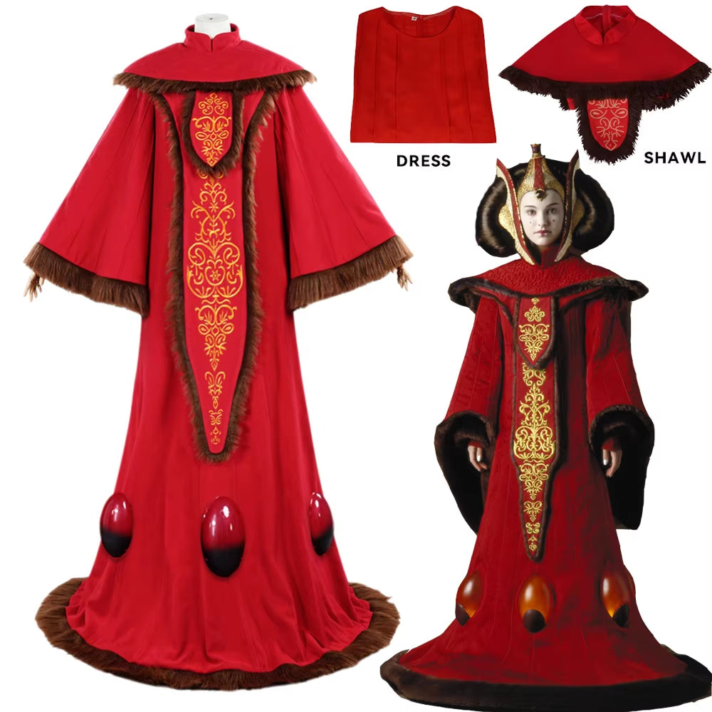 Padme Cosplay Red Long Dress Queen Outfit Fantasy Costume Adult Women Robe Cape Outfits Halloween Carnival Party Suit High Quality Cos