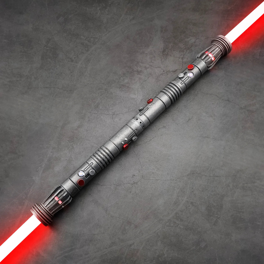 Maul SE (Weathered) double-bladed saber featuring frosted aluminum alloy hilts, removable polycarbonate blades, customizable RGB lighting, multiple sound fonts, and advanced blade effects, designed for enthusiasts seeking high-performance double-bladed sa
