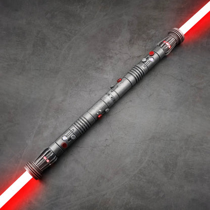 Maul SE (Weathered) double-bladed saber featuring frosted aluminum alloy hilts, removable polycarbonate blades, customizable RGB lighting, multiple sound fonts, and advanced blade effects, designed for enthusiasts seeking high-performance double-bladed sa