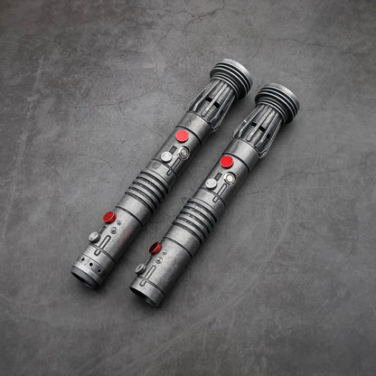 Maul SE (Weathered) double-bladed saber featuring frosted aluminum alloy hilts, removable polycarbonate blades, customizable RGB lighting, multiple sound fonts, and advanced blade effects, designed for enthusiasts seeking high-performance double-bladed sa