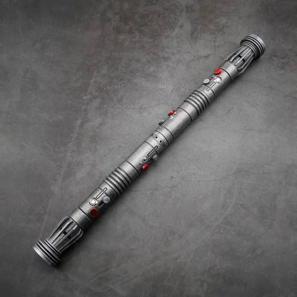 Maul SE (Weathered) double-bladed saber featuring frosted aluminum alloy hilts, removable polycarbonate blades, customizable RGB lighting, multiple sound fonts, and advanced blade effects, designed for enthusiasts seeking high-performance double-bladed sa