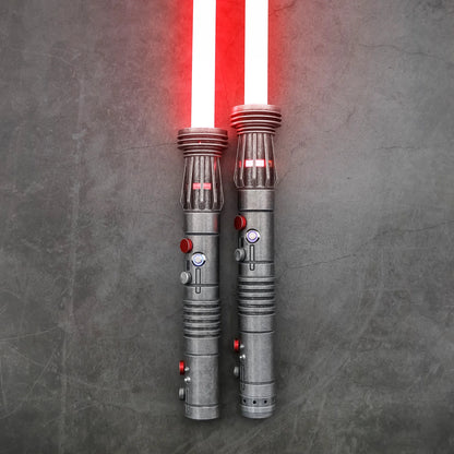 Maul SE (Weathered) double-bladed saber featuring frosted aluminum alloy hilts, removable polycarbonate blades, customizable RGB lighting, multiple sound fonts, and advanced blade effects, designed for enthusiasts seeking high-performance double-bladed sa