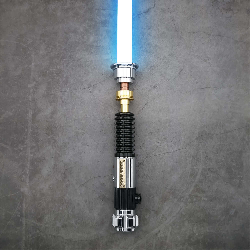 Obi EP3 lightsaber replica on a concrete background, showcasing its design and blue blade illumination.
