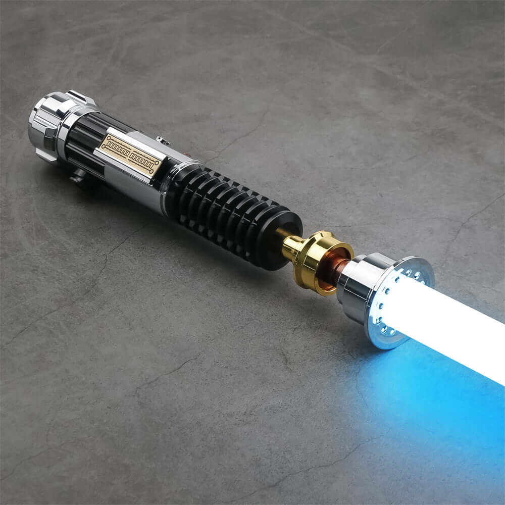 Obi EP3 lightsaber replica displayed on a dark surface, showcasing its intricate design and glowing blade.