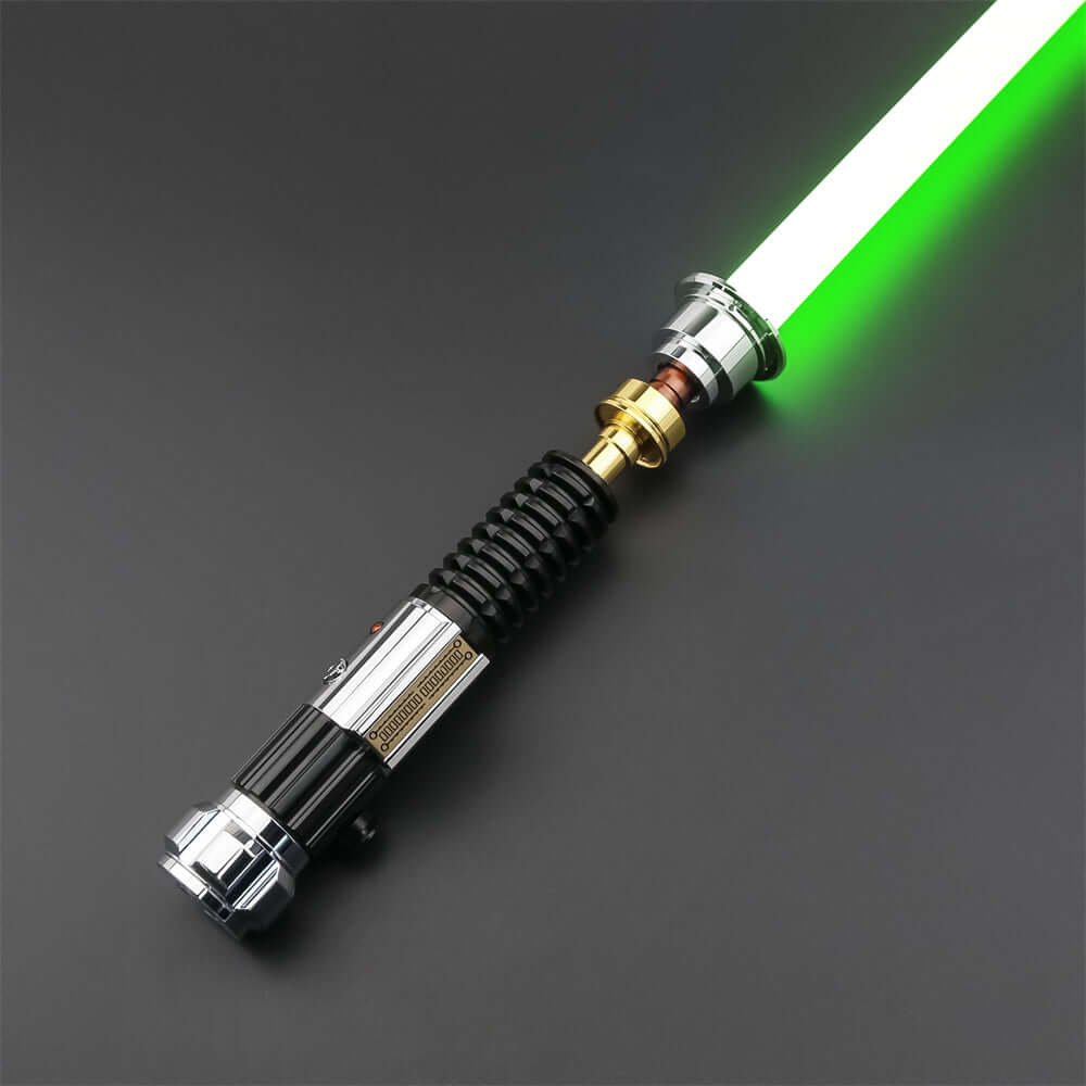 Obi EP3 lightsaber replica displayed with a green blade, showcasing its intricate design and details.