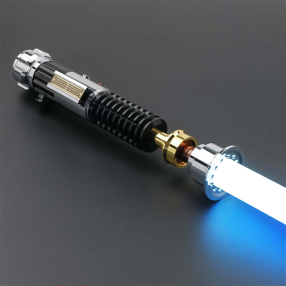 Obi EP3 lightsaber replica featuring a detailed hilt and illuminated blue blade on a dark background.