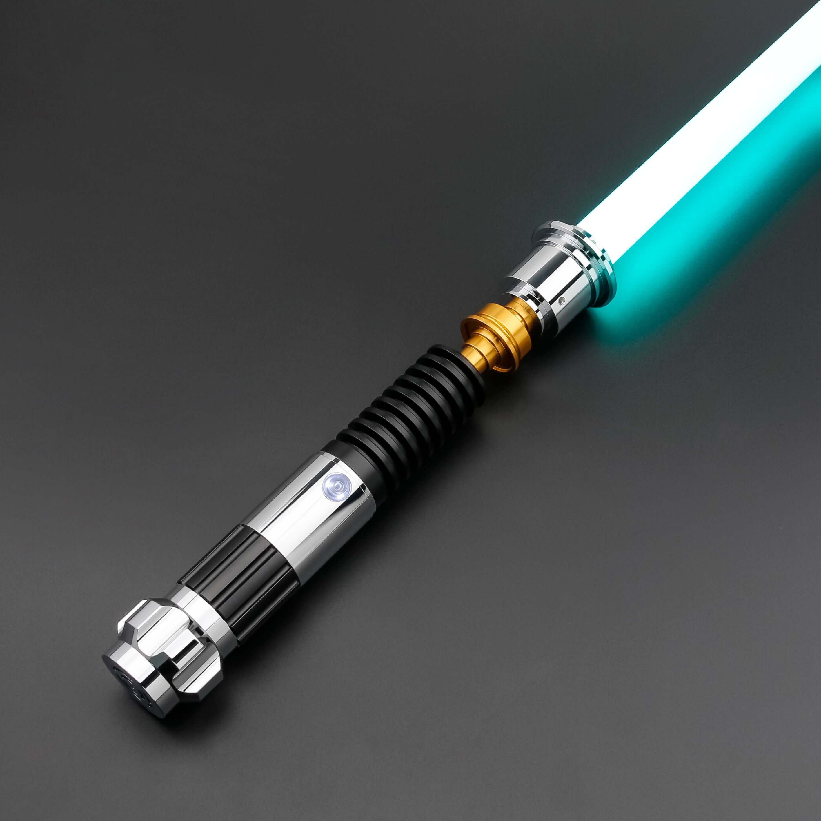Obi-Wan Kenobi Neopixel Lightsaber with a glowing teal blade, showcasing its detailed hilt design.
