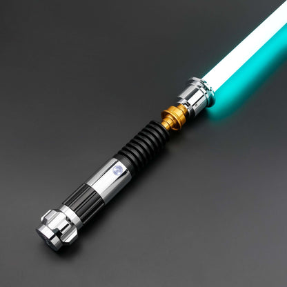 Obi-Wan Kenobi Neopixel Lightsaber with a glowing teal blade, showcasing its detailed hilt design.