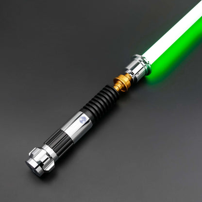 Obi-Wan Kenobi Neopixel Lightsaber with green glow, featuring a sleek hilt design, perfect for collectors.