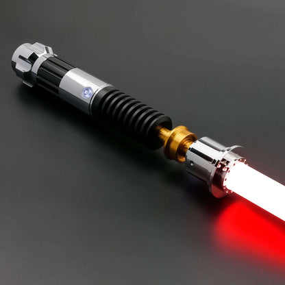 Obi-Wan Kenobi Neopixel Lightsaber featuring a chrome and black design with glowing red blade.