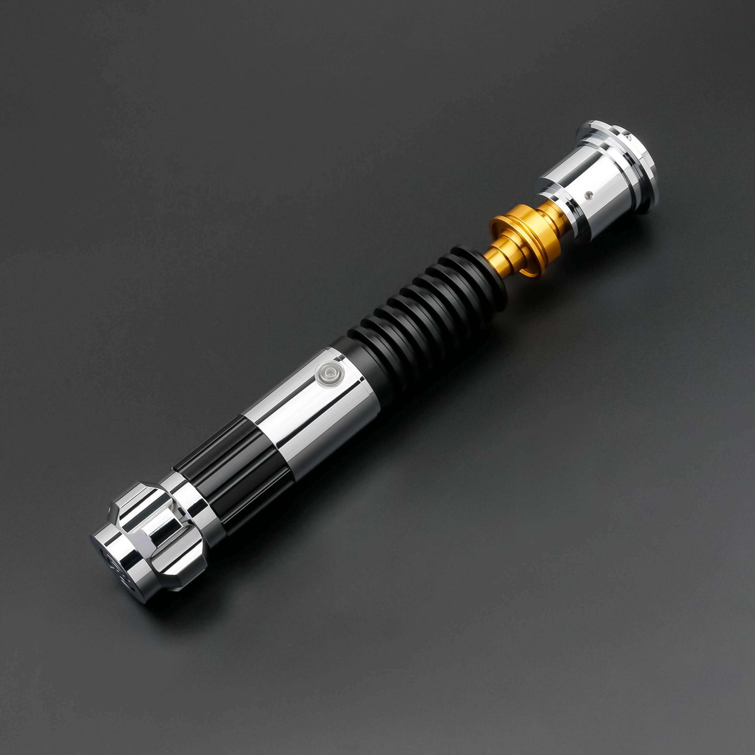Obi-Wan Kenobi Neopixel Lightsaber with chrome and gold accents on a black background.