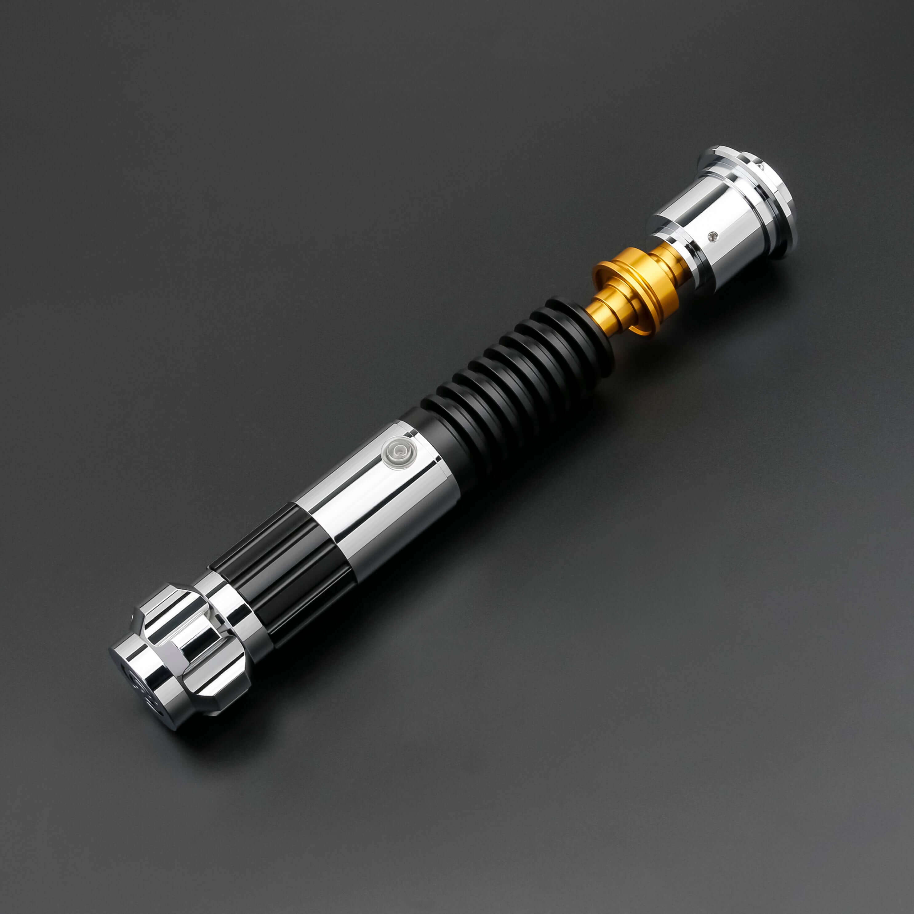 Obi-Wan Kenobi Neopixel Lightsaber with chrome and gold accents on a black background.