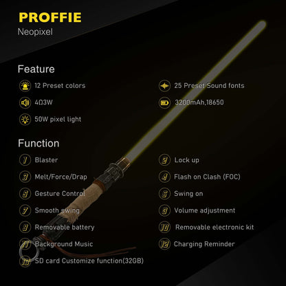 Hunter Dual Sabers featuring lightweight aluminum hilts with circular grip patterns and extended emitter necks, designed for enhanced maneuverability and ideal for cosplay and display.