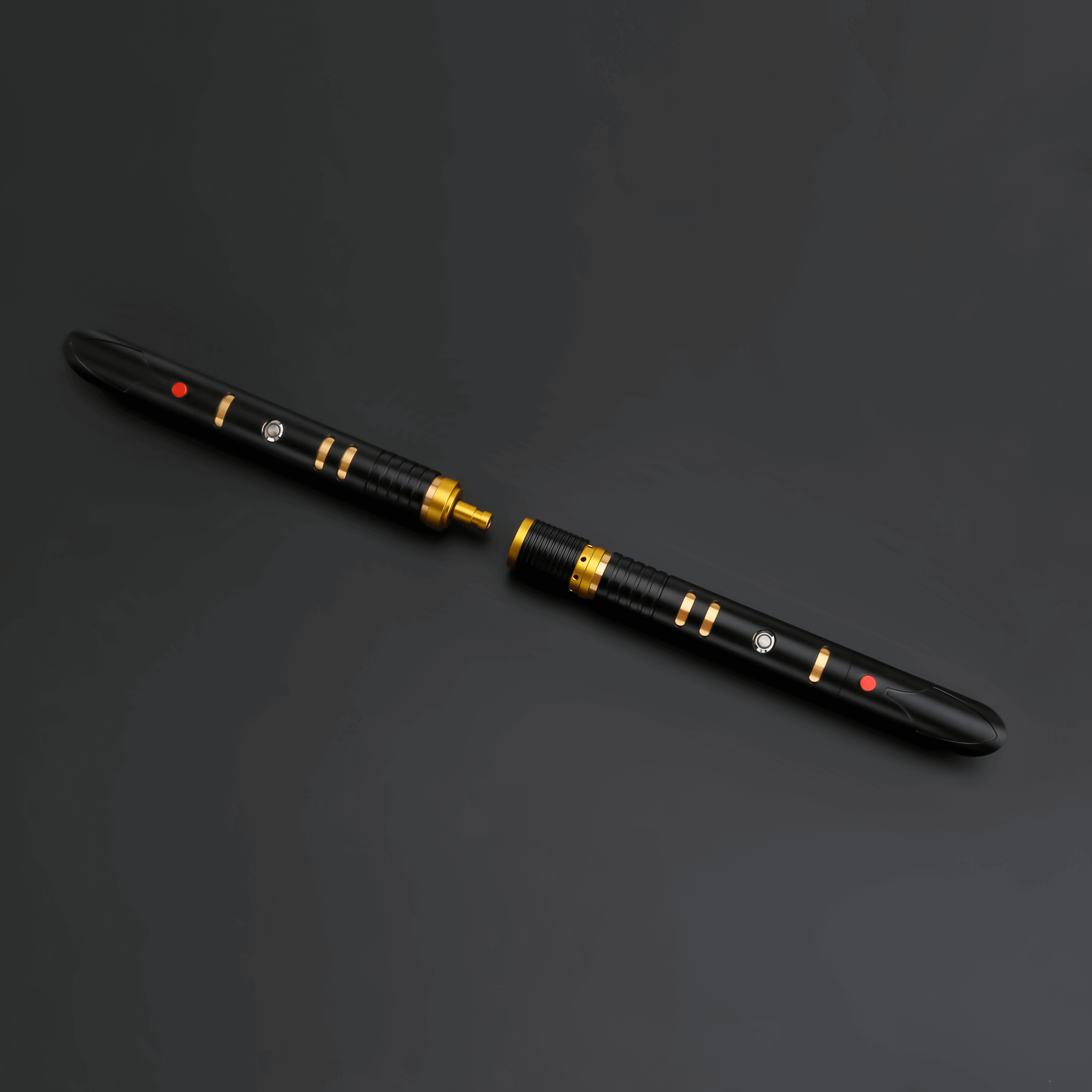 Universal quick release coupler for 1-inch diameter lightsaber handles, featuring a sleek black and gold design.