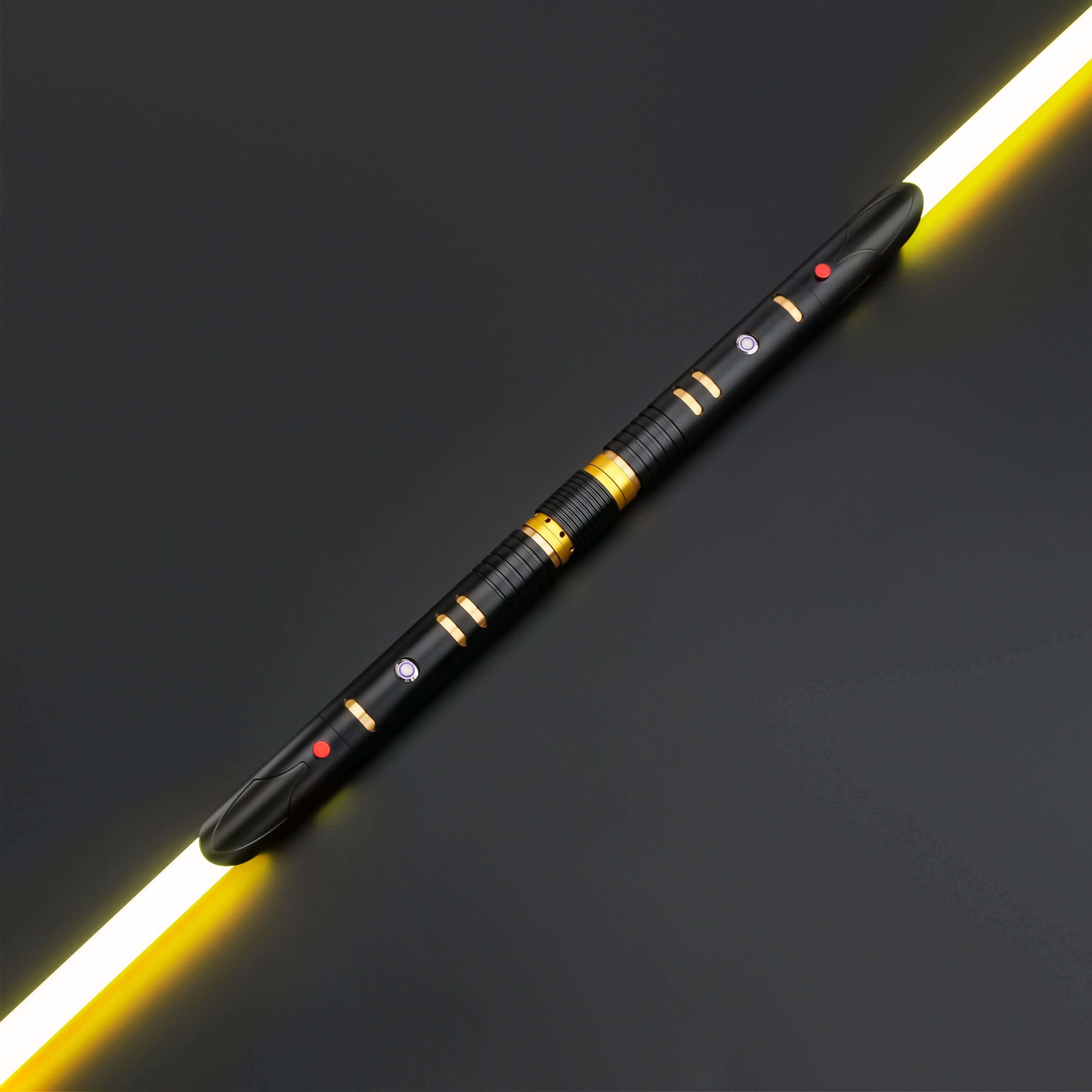 Universal quick release coupler for 1"-diameter lightsaber handles with yellow blades and detailed design.