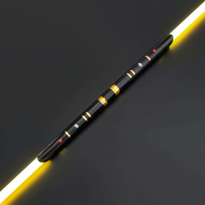 Universal quick release coupler for 1"-diameter lightsaber handles with yellow blades and detailed design.