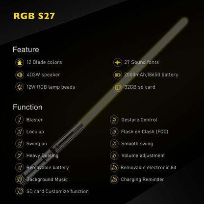 Starchaser Dual Sabers – twin frosted aluminum alloy hilts with etched emitter design for an ancient authentic feel, removable 77 cm or 92 cm polycarbonate blades, Neopixel multi-color changing core options for customizable blade effects, includes complim