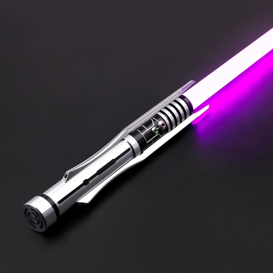 Revan V2 lightsaber featuring a sleek design and vibrant purple blade on a dark background.
