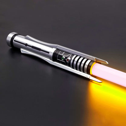 Revan V2 lightsaber displayed with glowing pink and orange blade, perfect for fans and collectors.