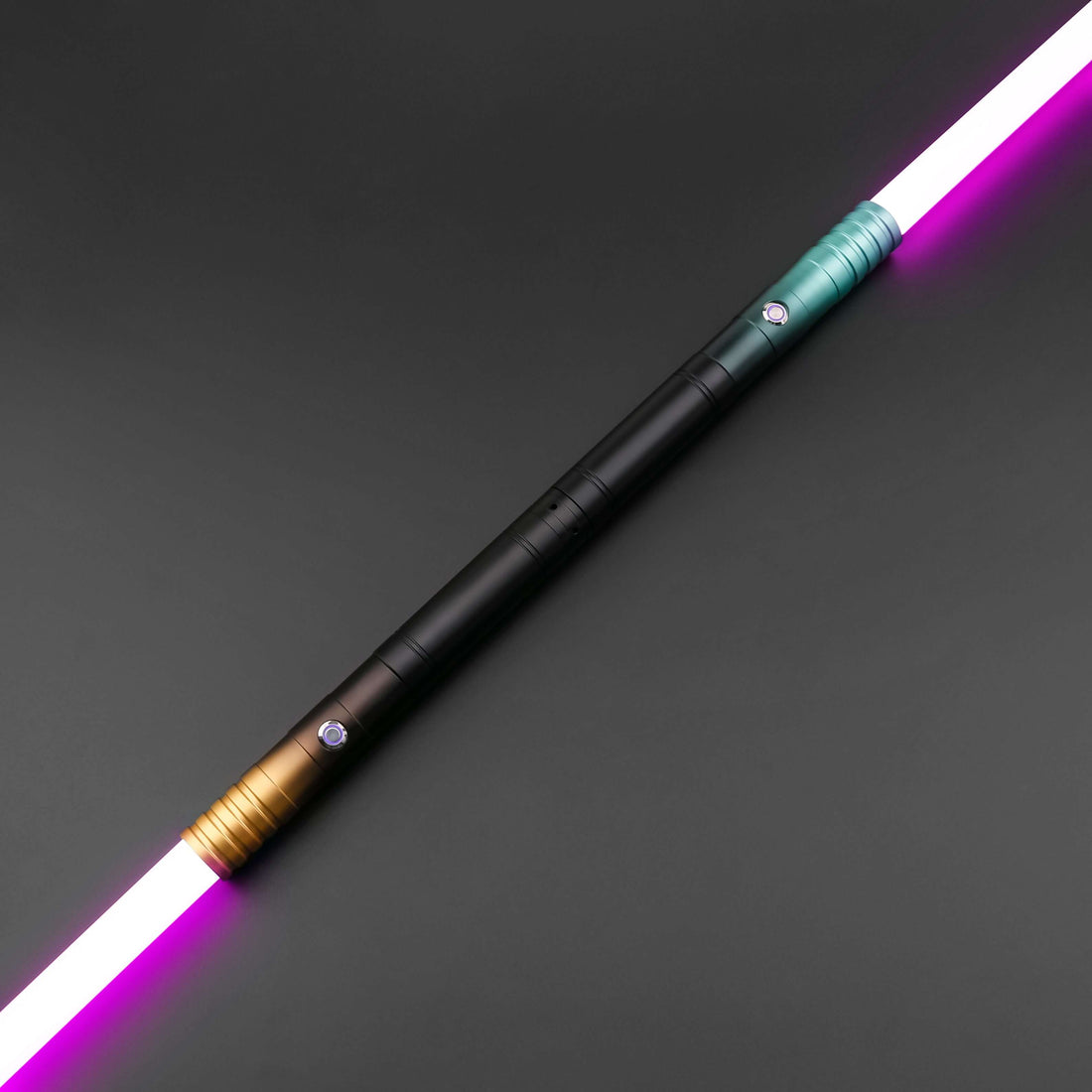 Sentinel Twin Lightsabers featuring vibrant lights in black and gold design on a dark background.