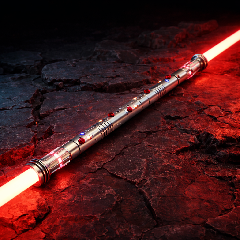 A close-up shot of the Shadow Hunter double-bladed lightsaber resting diagonally on jagged rocks, with vibrant red blades casting dramatic light. The intricate silver hilt features glowing red and blue buttons, surrounded by dark, weathered terrain.