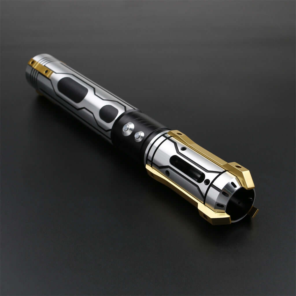 Skyrim lightsaber with gold accents, combining artistry and functionality for enhanced grip and fluid movement.