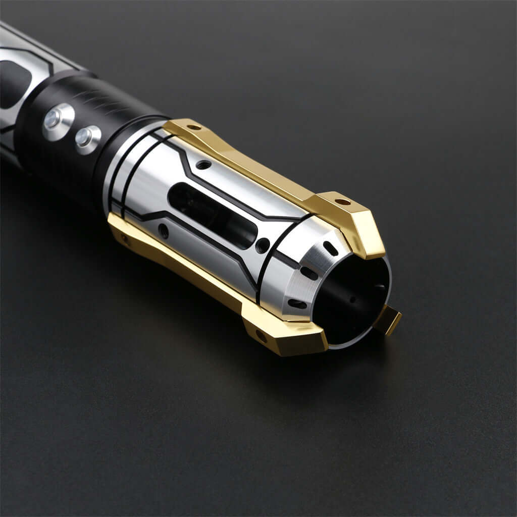 Skyrim lightsaber close-up featuring luxurious gold accents on the hilt for enhanced grip and functionality.