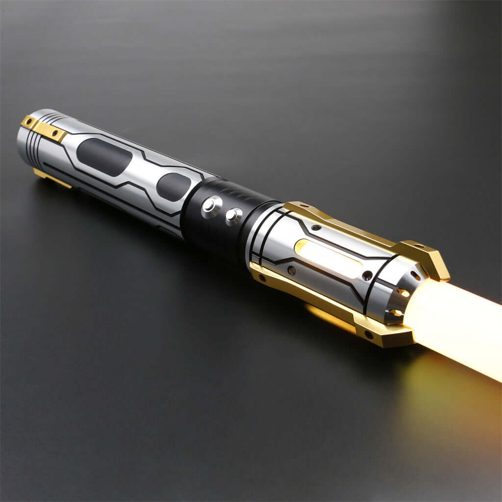 Skyrim lightsaber showcasing a sleek design with gold accents, enhancing grip and functionality for intricate dueling.