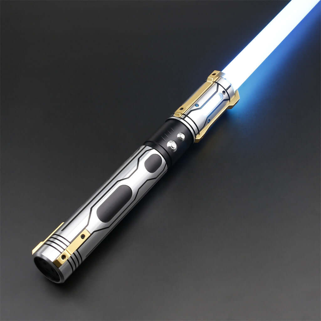 Skyrim lightsaber with gold accents, showcasing artistry and functionality for perfect dueling efficiency.