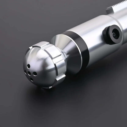 Close-up of the Ahsoka Tano CW lightsaber replica hilt showcasing its sleek silver design.