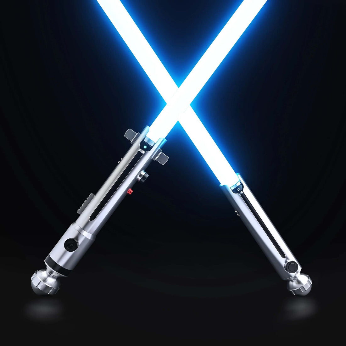 Ahsoka Tano CW lightsaber replica with sleek silver finish crossed against a dark background.