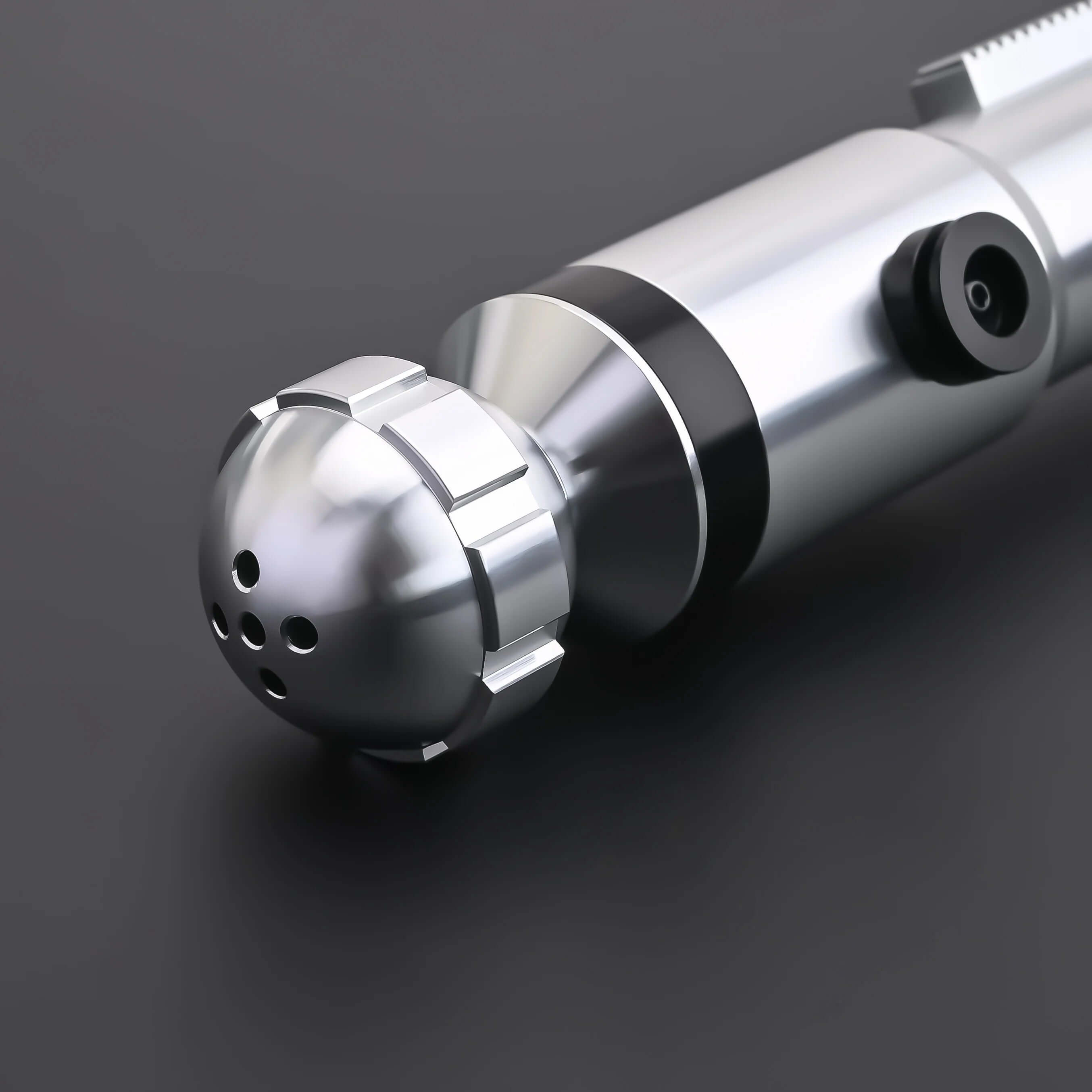 Close-up of the Ahsoka Tano CW lightsaber replica hilt showcasing its sleek silver design.