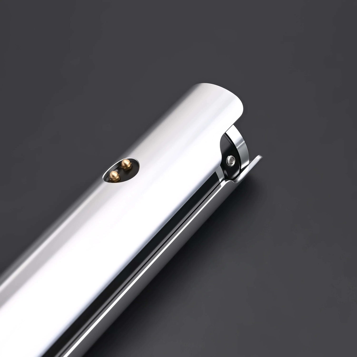 Close-up of Ahsoka Tano CW lightsaber replica hilt with sleek silver finish and precision machined details.