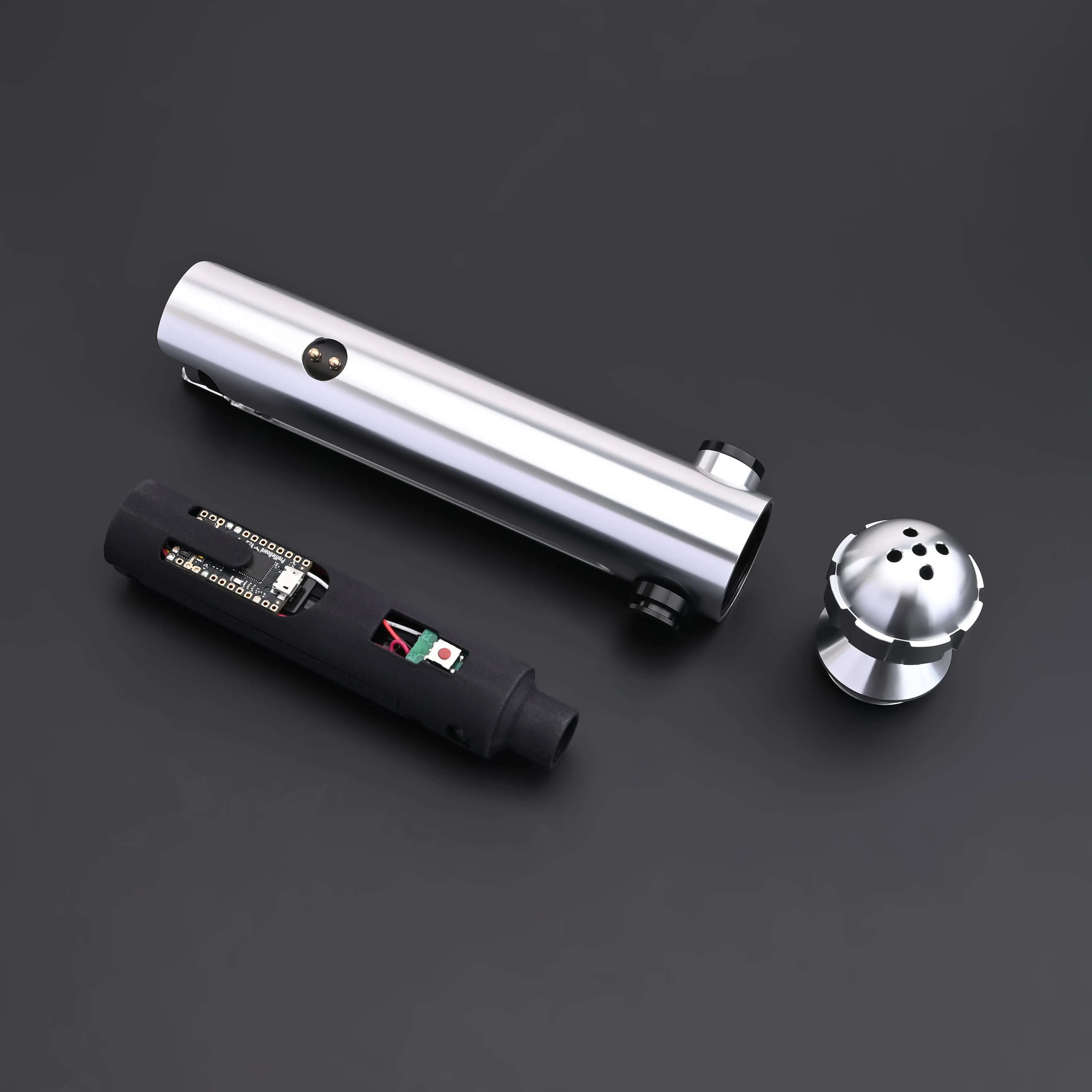 Ahsoka Tano CW lightsaber replica showing the sleek silver hilt and components for fans of the Clone Wars.