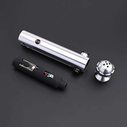 Ahsoka Tano CW lightsaber replica showing the sleek silver hilt and components for fans of the Clone Wars.