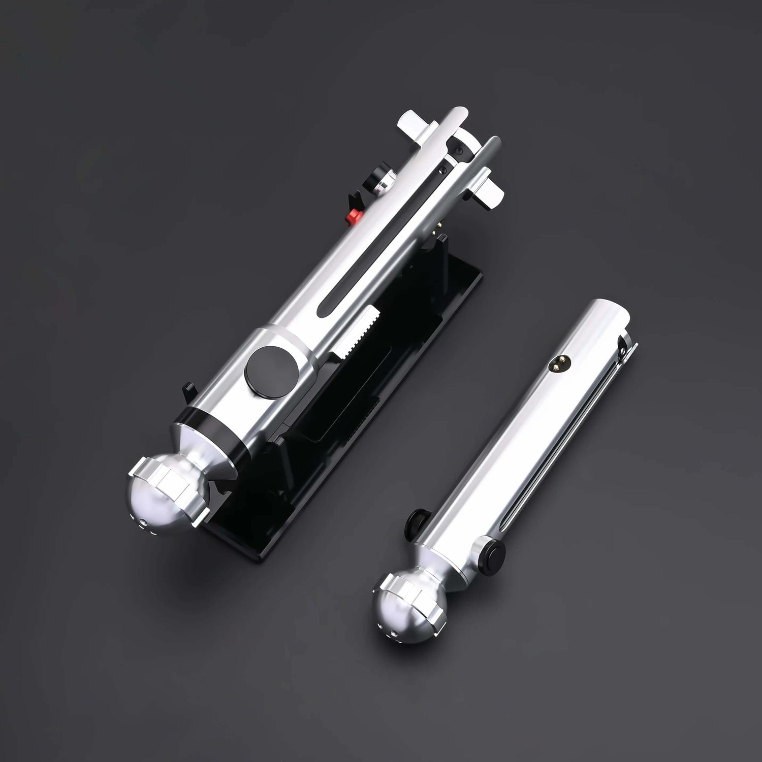 Ahsoka Tano CW lightsaber replica displayed on a black base, showcasing its sleek silver design and minimalist hilt.