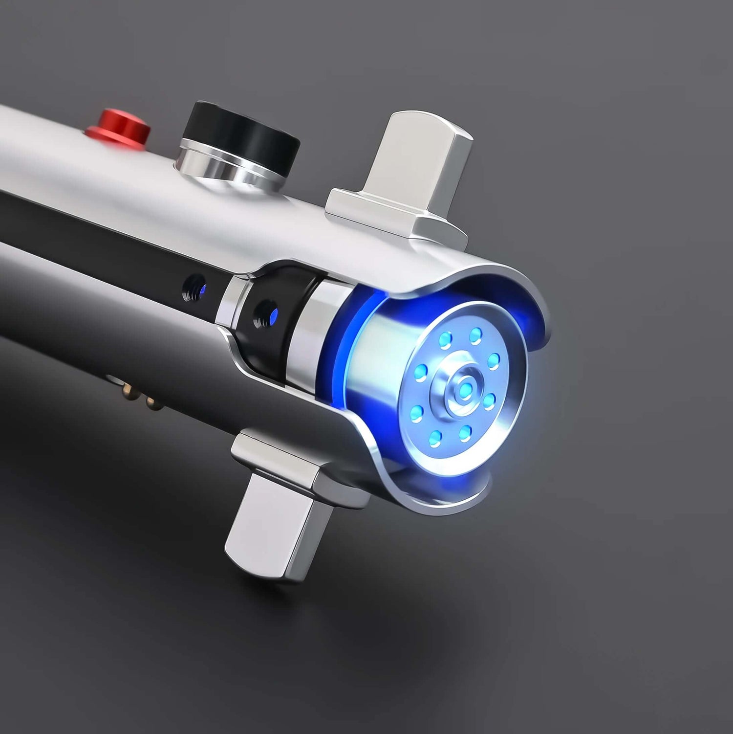 Close-up view of Ahsoka Tano CW lightsaber replica showcasing the sleek silver finish and illuminated details.