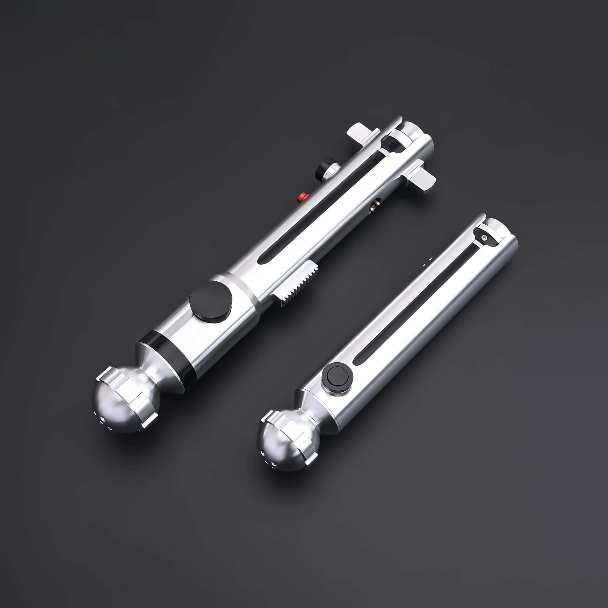 Ahsoka Tano CW lightsaber replica featuring a sleek silver finish and minimalist hilt design.